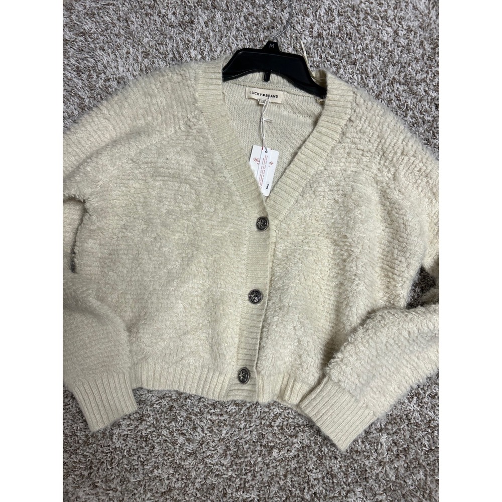 Lucky Brand Tofu Boucle Knit V-Neck Cardigan Sweater Off White Large NWT